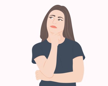 Güzel bir kadın soruyu düşünüyor, merak ediyor ve analiz ediyor. Vektör illüstrasyonu.