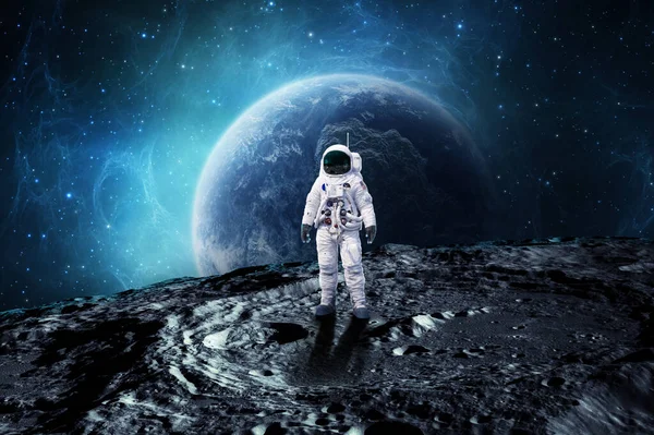 Astronaut on rock surface with space background ,astronaut walk on the moon wear cosmosuit. future concept