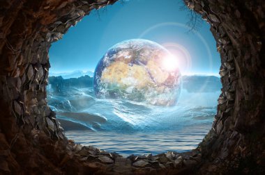 planet Earth and sea , looking out in cave 