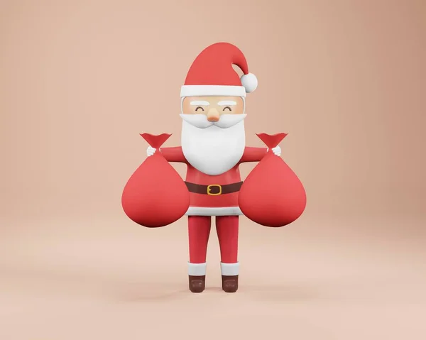 3D渲染 新年快乐 圣诞贺卡 圣诞老人 两手提着礼品袋 — 图库照片