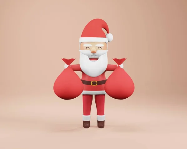 3D渲染 新年快乐 圣诞贺卡 有礼品袋的圣诞老人 — 图库照片