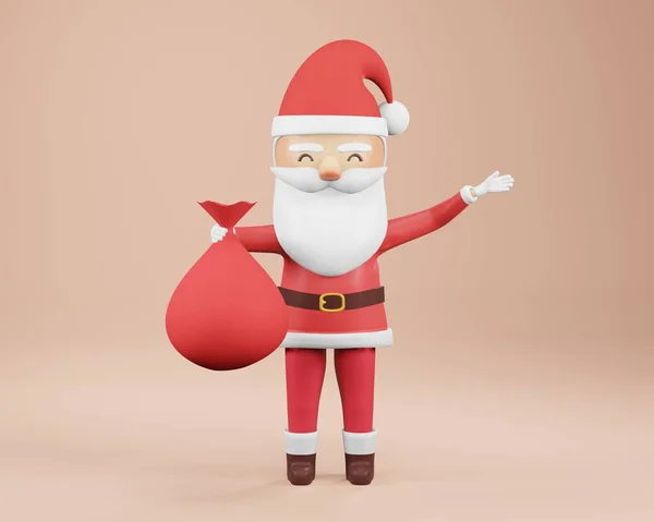 3Dレンダリング ハッピーニューイヤーとメリークリスマスカード サンタクロースとギフトバッグ — ストック写真