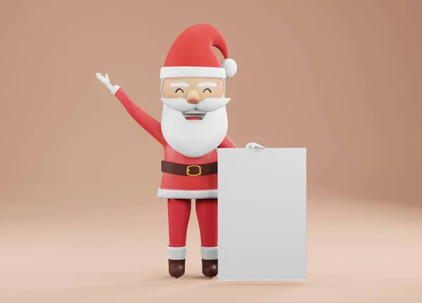3Dレンダリング サンタクロースのクリスマスの漫画のキャラクターは 兆候を与える上で目を引く ハッピーニューイヤーとメリークリスマスカード 空白の看板 — ストック写真