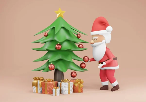 Render Árvore Natal Decorado Com Papai Noel Gnomos Que Escalam — Fotografia de Stock