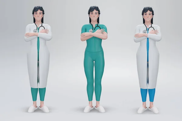 Render Confident Female Doctor Standing Arms Crossed — Stock Photo, Image