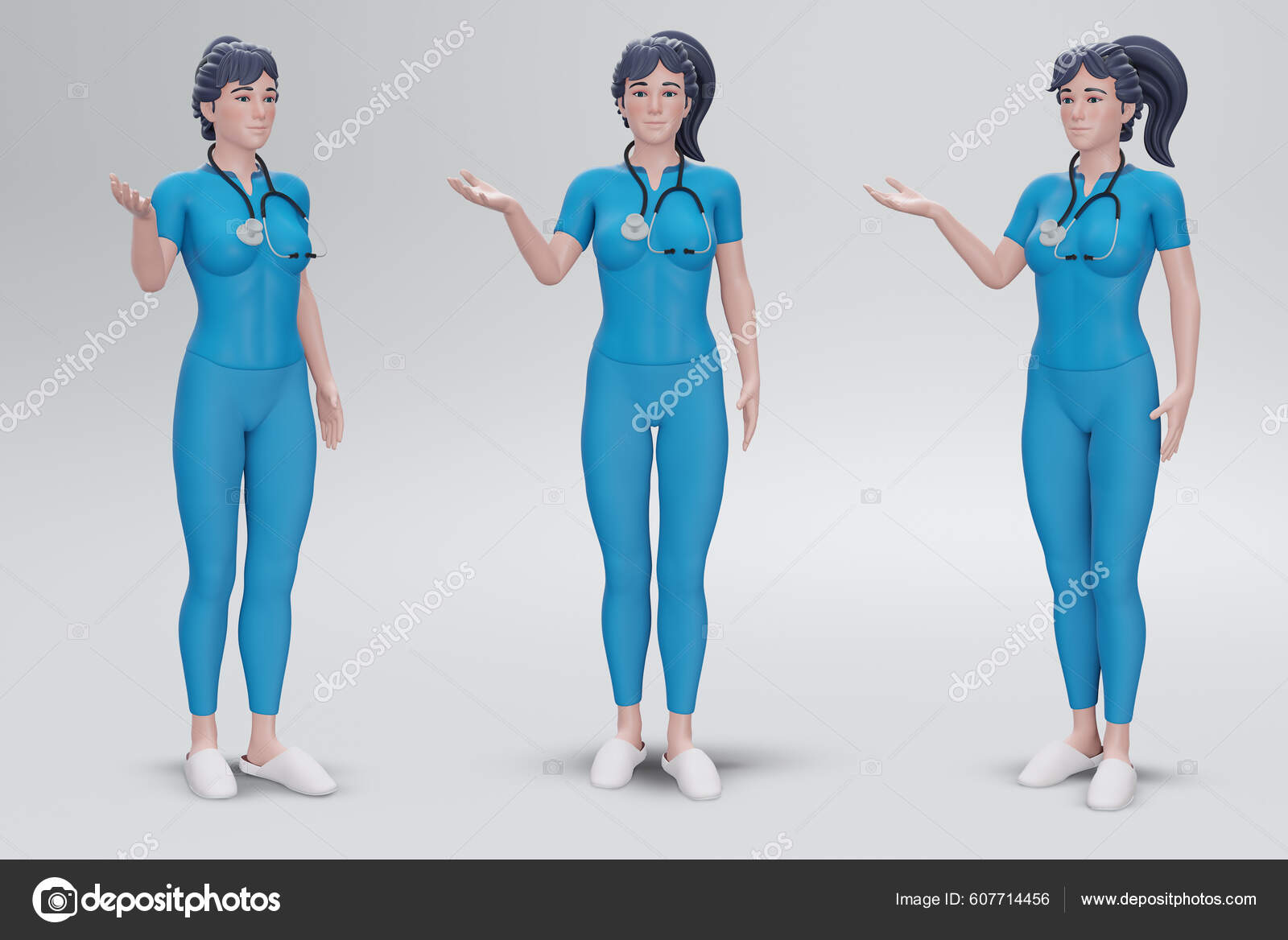 Ilustração 3d apresentação de personagem de desenho animado médica