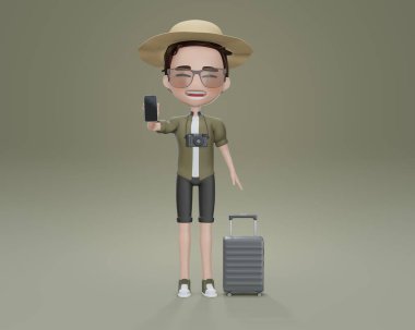 3D telefonlu turist akıllı telefon ve takım elbise çantası taşıyan genç adam, 3D çizgi film karakteri.