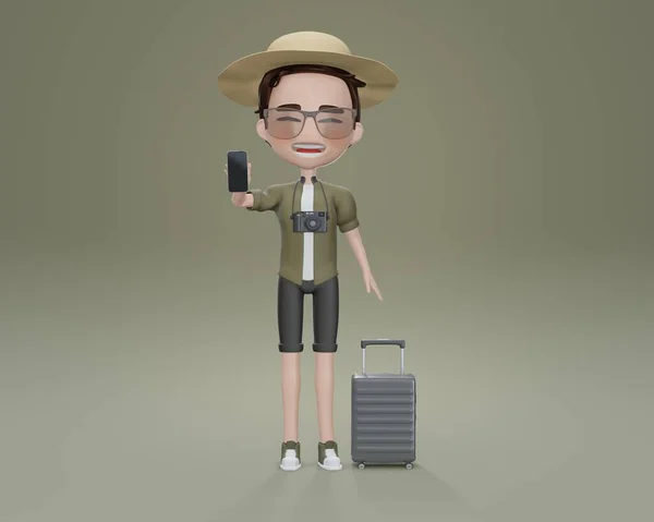 3d render tourist with phone , Young man holding smart phone and suit case , 3d cartoon character