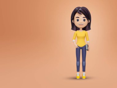 3D render koleksiyonu Sırt çantalı sevimli kız cep telefonu kullanıyor