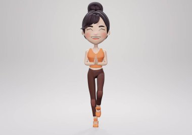 3 boyutlu görüntüleme. Beyaz arka planda yoga yapan ince bir kız.