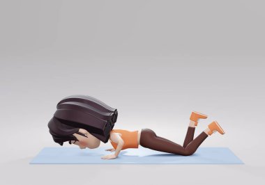 3 boyutlu görüntüleme. Fitness ve Antrenman. Bir kadın spor egzersizleri yapıyor. Şınav. Kollar ve göğüs kasları için egzersiz. Kilo kaybı için zindelik.