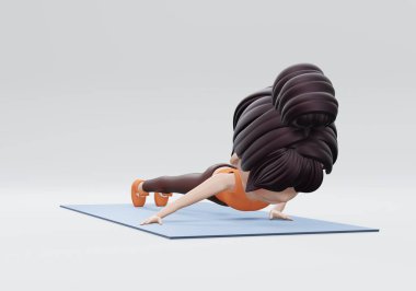 3 boyutlu görüntüleme. Kadınlar Archer Push Up pozuyla egzersiz yapıyor. Egzersiz karın, kuadriseps ve omuz kaslarını hedef alıyor..