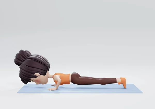 3D渲染 健身和健身 一个女人在做运动 俯卧撑胳膊和胸肌的锻炼 体形适合减肥 — 图库照片