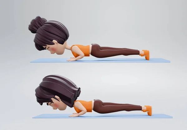 3D渲染 健身和健身 一个女人在做运动 俯卧撑 — 图库照片
