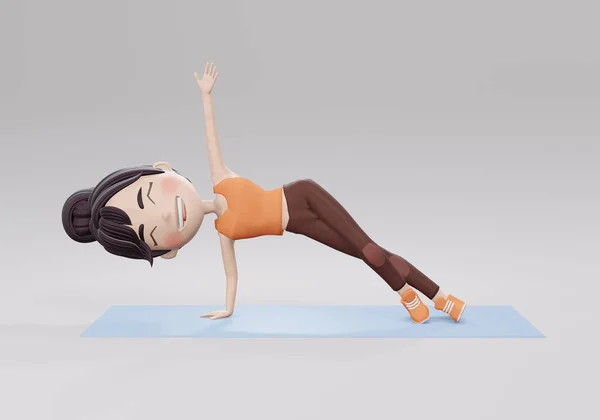 3D渲染 侧板女性家庭锻炼指导 白色背景的伸展瑜伽女孩 动画女性3D角色做瑜伽 — 图库照片