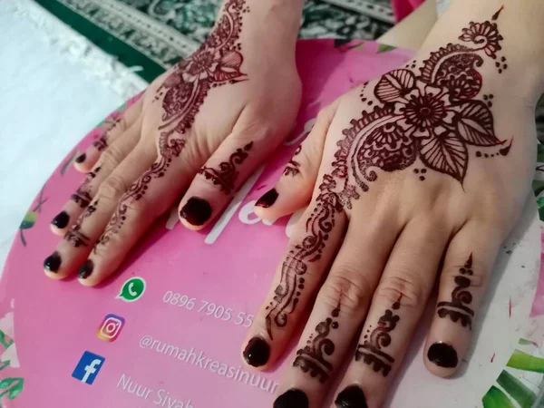 Beautiful Female Hands Tattoo Background Pink Silk — Stock Photo, Image