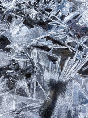 Kışın donmuş bir derenin makro fotoğrafçılığı. Donmuş su yüzeyi hem çok tuhaf hem de çok büyüleyici görünüyor. Çok soğuk sıcaklarda çekilmiş..