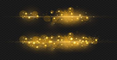 Toz kıvılcımları ve yıldızlar özel bir ışıkla parlar. Noel ışığı etkisi. Sihirli tozun ışıldayan parçacıkları. Şeffaf bir arkaplanda vektör parıldıyor..