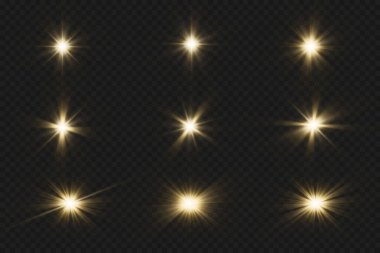 Işık efektleri, parıltı, parıltı, patlama, altın ışık, Vektör illüstrasyonu. Parlayan altın yıldızlar.