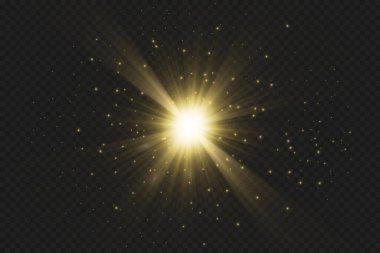Işık efektleri, parıltı, parıltı, patlama, altın ışık, Vektör illüstrasyonu. Parlayan altın yıldızlar.