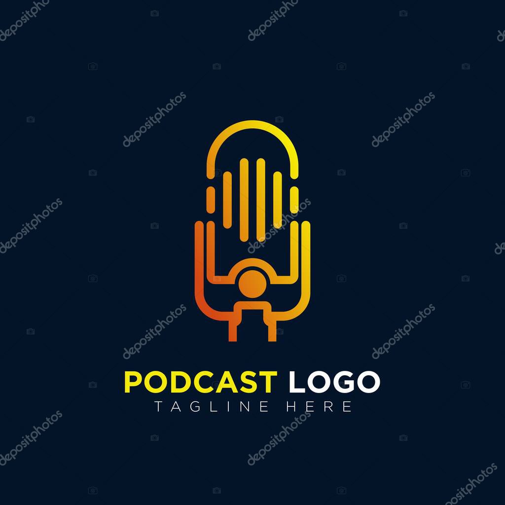 Modern monoline microphone logo design for podcast business company symbol
