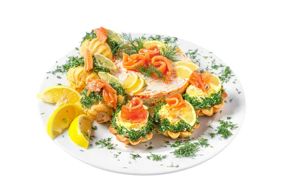 Profiteroles Tartlets Stuffed Pate Salad Salmon Holiday Banquet Buffet Snacks — Stock Photo, Image