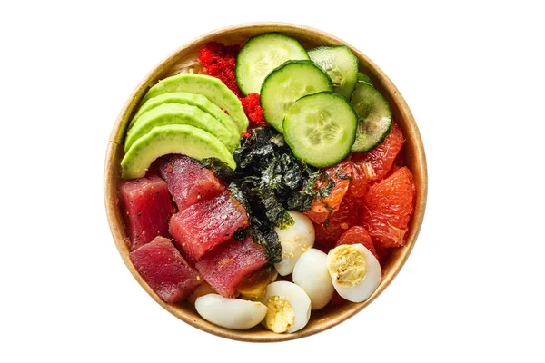 Tuna poke bowl salad with avocado in paper package for take away or food delivery isolated on white background. Top view. Healthy food