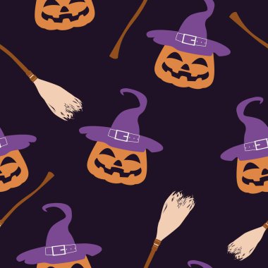 Cadılar Bayramı süpürgesi ve pompalama. Kusursuz desen çizimi. Cadı süpürgesi. Jack Lantern. Duvar kağıdı elementi. Rastgele kare desen.