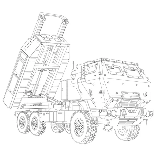 現実的なスタイルでHimarsの着色ページ M142高機動砲兵ロケットシステム 戦術トラックだ 印刷可能なデザインを記入します 白い背景のベクトルイラスト — ストックベクタ