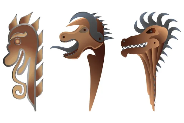 Dragon Head Set Realistisk Stil Träskulptur Vikingadrakkar Norges Långa Båt — Stock vektor