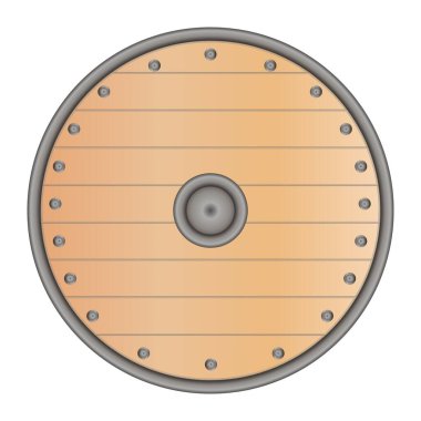 Viking ahşap kalkanı gerçekçi bir şekilde. Viking silahları. Beyaz arkaplanda izole edilmiş renkli vektör illüstrasyonu.