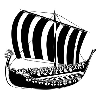Viking İskandinav Draccar 'ı taslak tarzında. Norman gemisi kalkıyor. Vektör illüstrasyonu beyaz arkaplanda izole edildi.