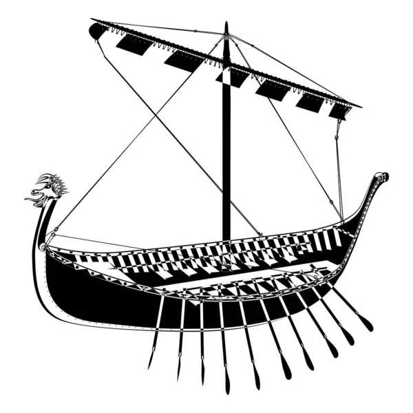 Drakkar. Viking Kürek Gemisi ana hatlarıyla. Norman gemisi kalkıyor. Vektör illüstrasyonu beyaz arkaplanda izole edildi.