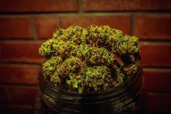 Giant Jar Medicinal Cannabis Buds Marijuana Fruits — Stock Photo, Image