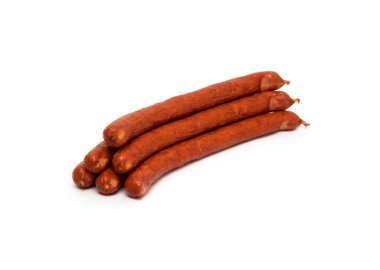 Izgara domuz sosisi, yakın plan, beyaz arka planda izole edilmiş..