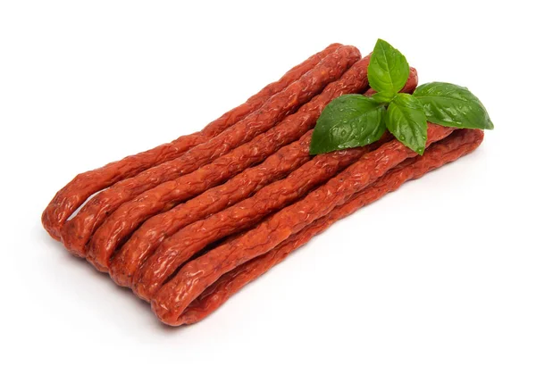 Dunne Droge Gerookte Varkensvlees Rundvlees Poolse Kabanos Worsten Geïsoleerd Witte — Stockfoto