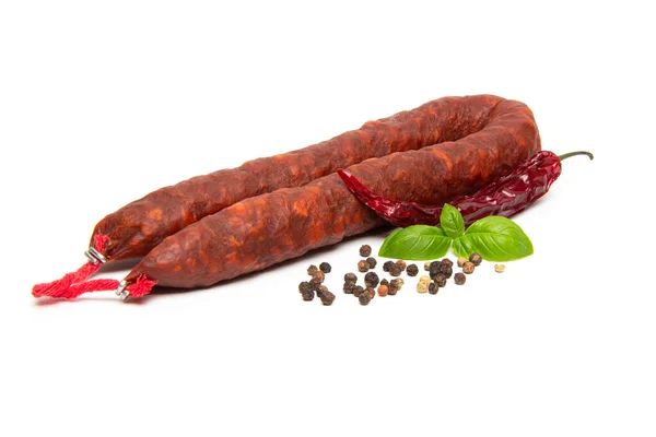 Spanyol Chorizo Kolbász Fehér Háttér — Stock Fotó