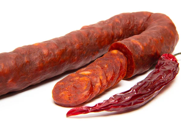 Spanish Chorizo Sausage White Background — Stock Photo, Image