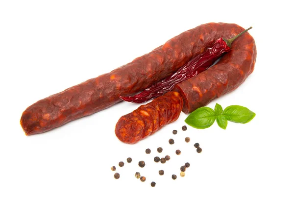 Spanyol Chorizo Kolbász Fehér Háttér — Stock Fotó