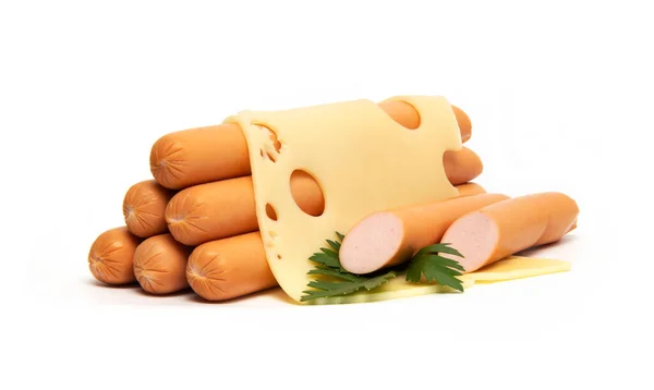 Свежие Вареные Куриные Колбаски Маасдамским Сыром Изолированные Белом Фоне — стоковое фото