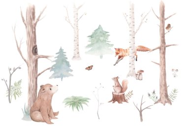 Suluboya seti Orman Hayvanları ve Ağaçlar, suluboya ormanlık, ayı, sincap, serçe, tilki, tavşan, salyangoz, kirpi, Noel ağacı, kütük, çocuk odası, duvar kağıdı, duvar süslemesi, çıkartma