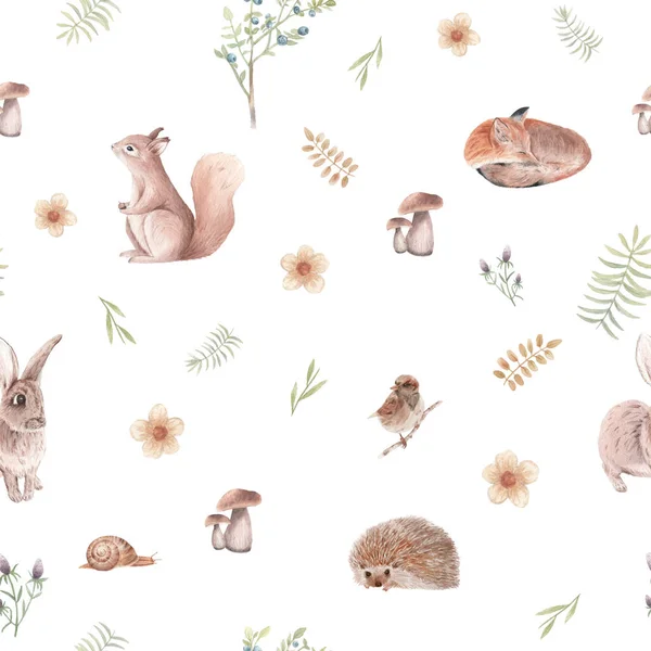 Seamless pattern with animals, bird, mushrooms, white background