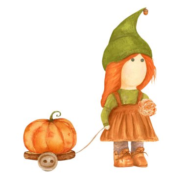 Suluboya bebek çizimi, kızıl saçlı sonbahar kızı balkabaklı cüce, mutlu şükran günü.