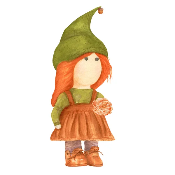 水彩画手工制作的娃娃秋天插图 红头发的女孩侏儒娃娃配南瓜 感恩节快乐 人物造型 — 图库照片