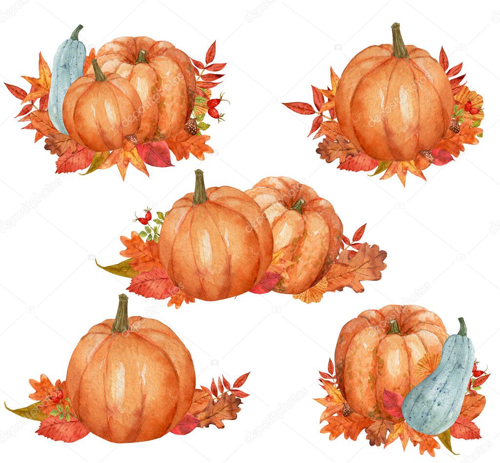 Watercolor autumn set of pumpkins compositions isolated with autumn leaves for cards, invitations, thanksgiving day, print
