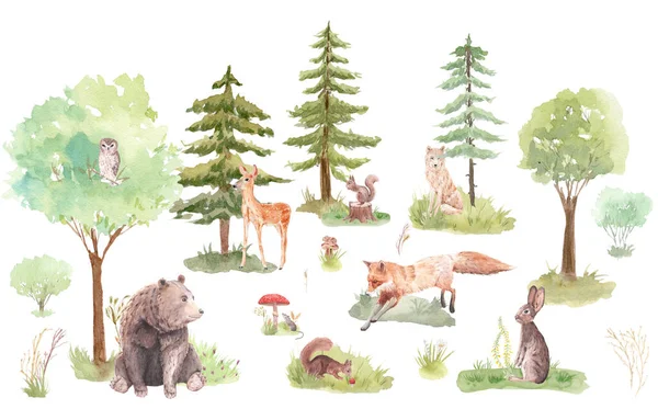 Набор Акварелей Woodland Animals Christmas Trees Watercolor Woodland Bear Squirrel — стоковое фото