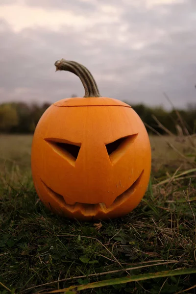 Halloween Pompoenen Een Spookachtige Begraafplaats Een Park Met Een Groot — Stockfoto