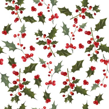 Elle çizilmiş suluboya kutsal dallar, yapraklar ve böğürtlen resimleriyle süslenmiş güzel bir Noel deseni. Tasarım veya yazdırma için doğal çiçek arkaplanını tekrarla.