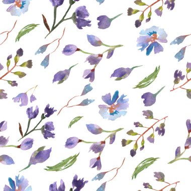 Soyut mavi çiçekler, yapraklar ve brançlarla suluboya desenleri. Beyaz arka planda el çizimi doğa çizimi. İç tasarım, ambalaj tasarımı veya yazdırma için.