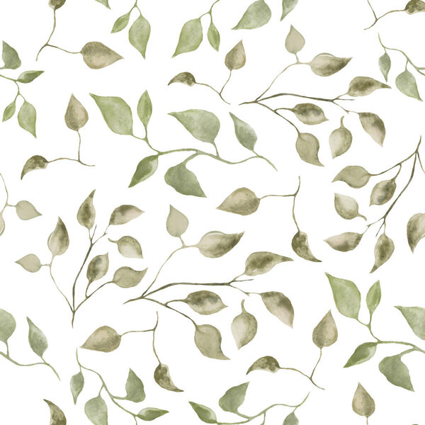 Watercolor seamless pattern with abstract floral branches and leaves. Hand drawn nature illustration on white background. For interior, packaging design or print